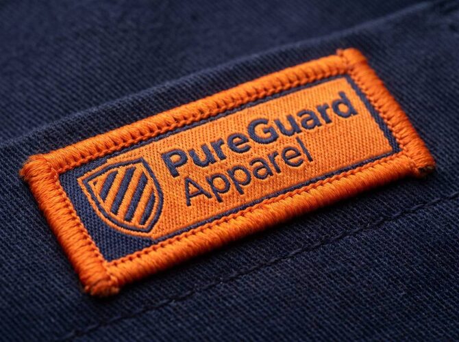 Woven over-locked badge with merrowed edge