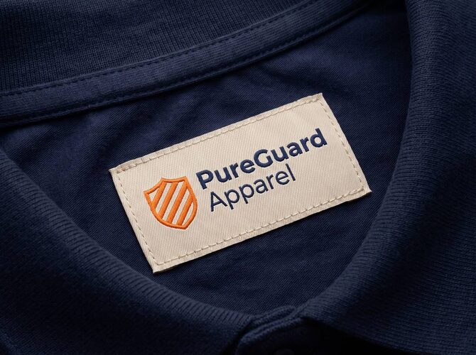 Printed woven label on navy fabric